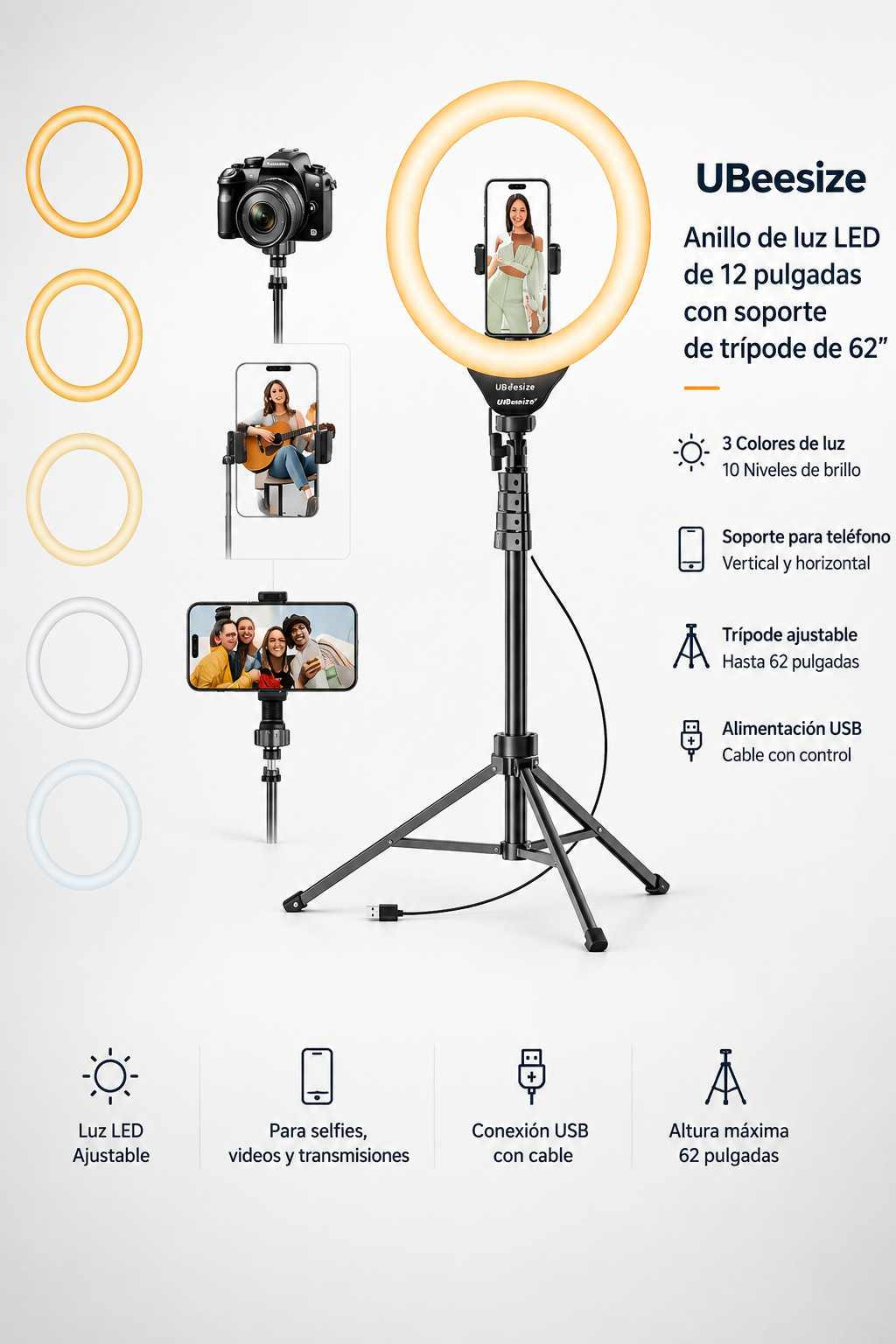 UBeesize 12" Ring Light con trípode de 62"